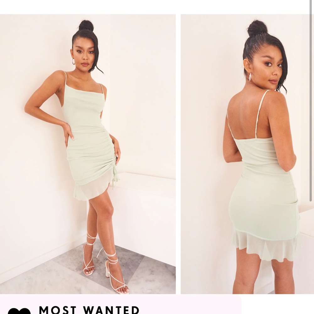 PrettyLittleThing sage green cowl neck mini dress, never worn with tags!